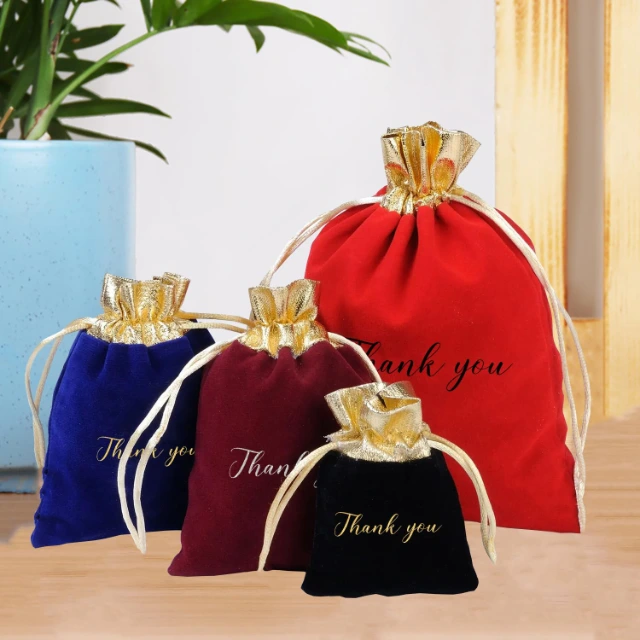 Wholesale Gold Logo Printed Soft Dust Velvet Jewelry Drawstring Pouch Packaging Necklace Velvet Bag - Velvet Jewelry Drawstring Pouches1
