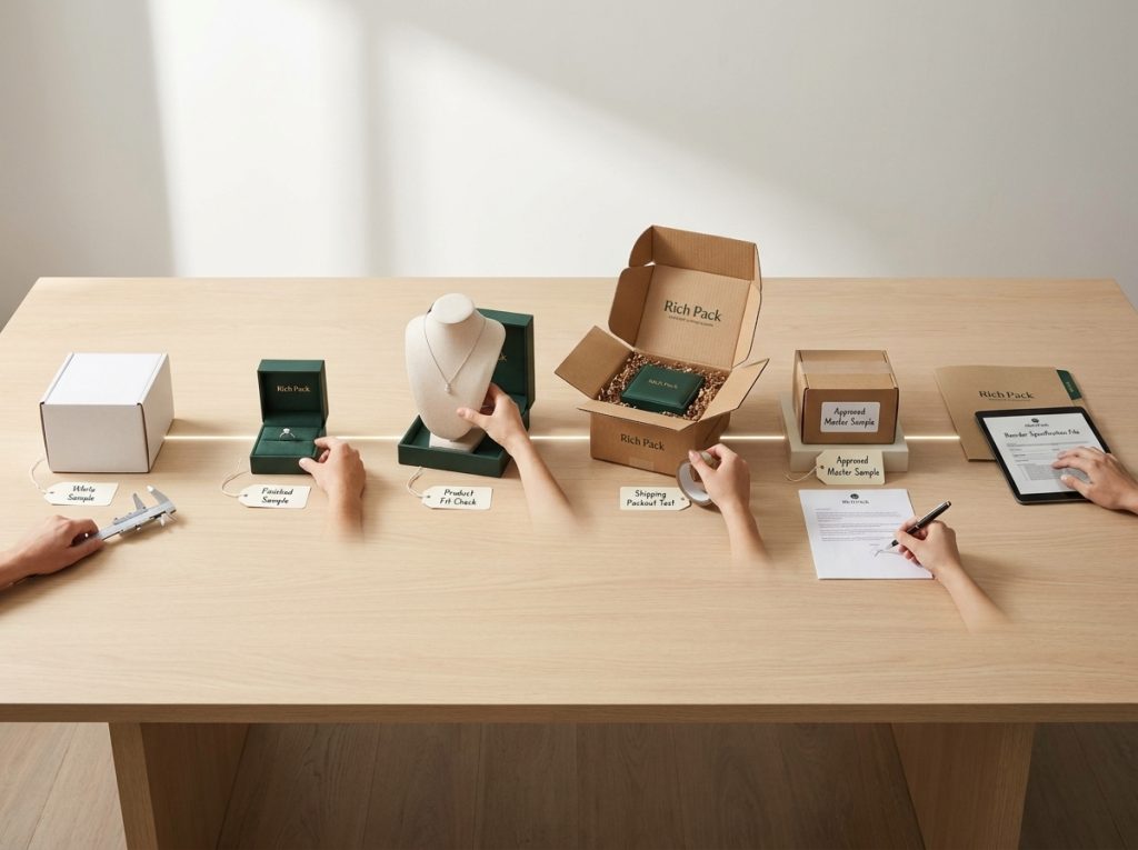 Custom gift box sample approval workflow from white sample to reorder control.