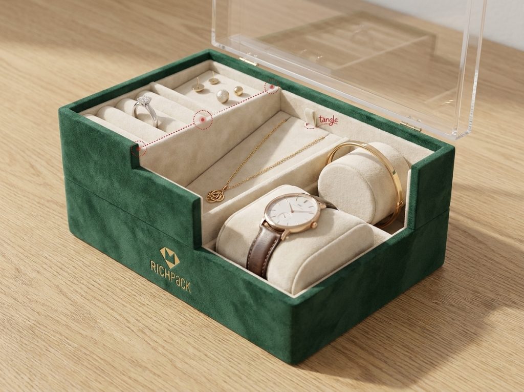 Custom jewelry gift box insert for rings, earrings, necklaces, bracelets, and watches.