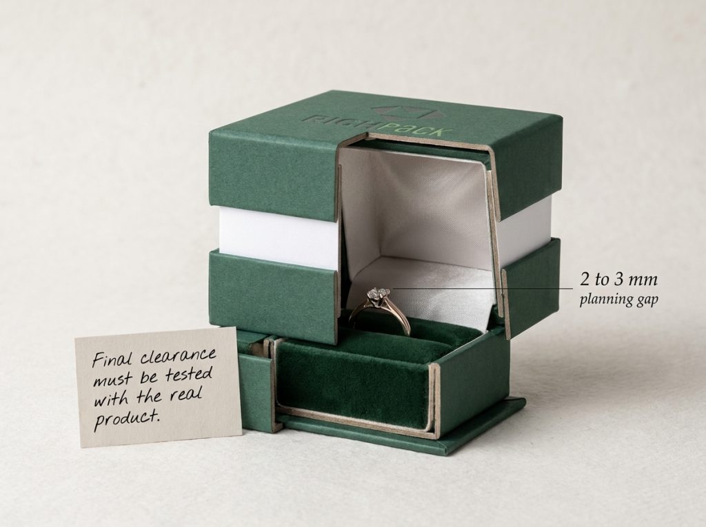 Jewelry box cross-section showing a 2 to 3 mm lid clearance planning range.