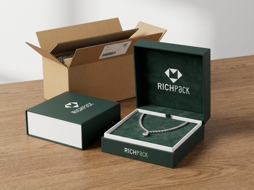  Custom gift boxes for high-value jewelry with fitted insert and discreet shipping carton.