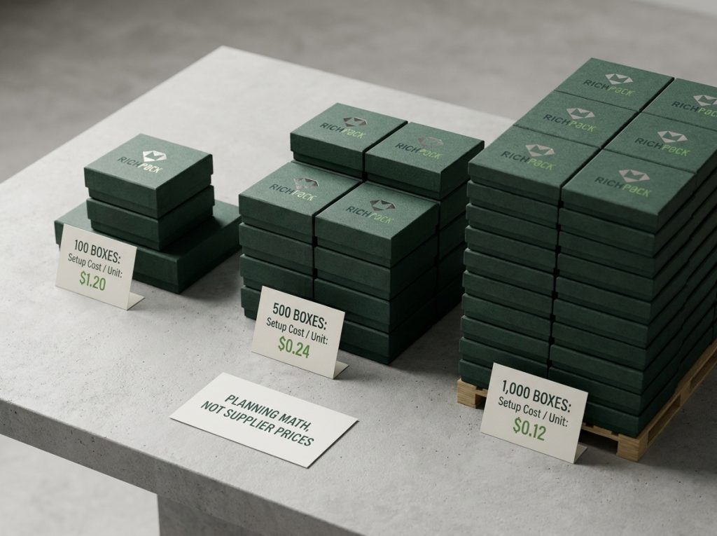 Custom gift box setup cost spread across test, launch, and repeat order quantities.