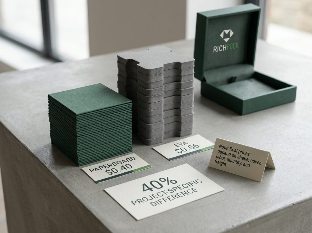 Paperboard versus EVA insert price example showing a 40 percent quote difference.