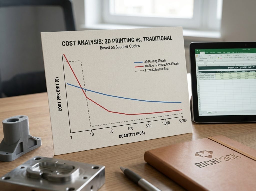 Production quantity changes fixed tooling dilution and per-unit cost for 3D printing and traditional packaging.