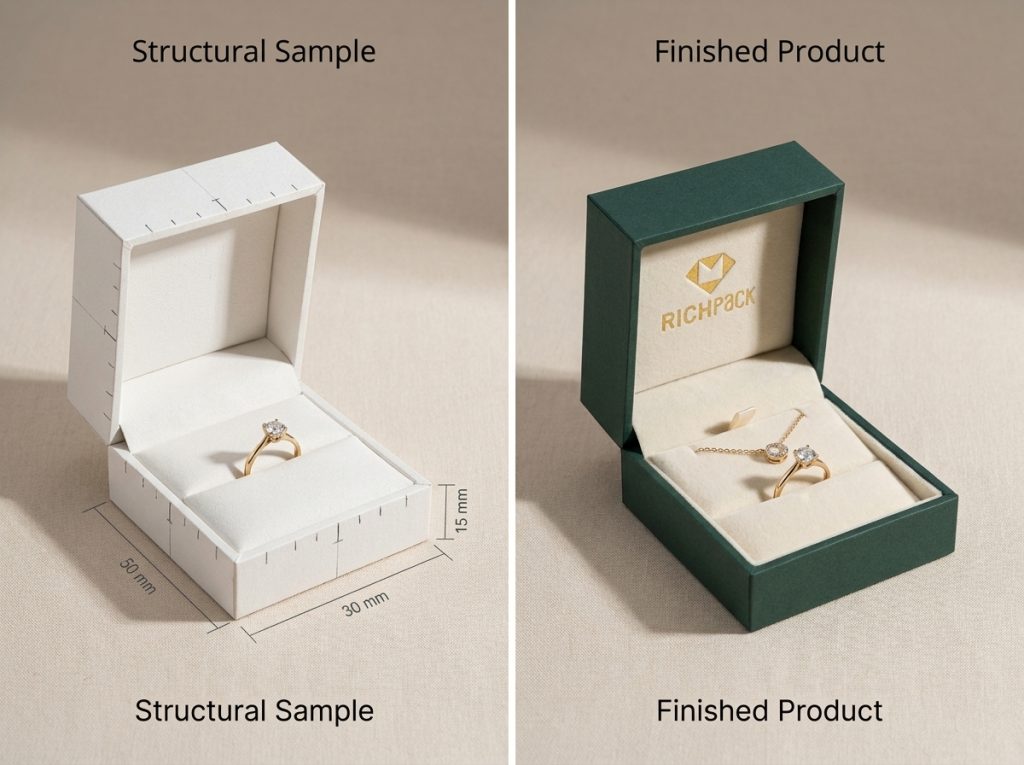 Structural white sample and finished jewelry box prove insert fit, lid clearance, and final material behavior.