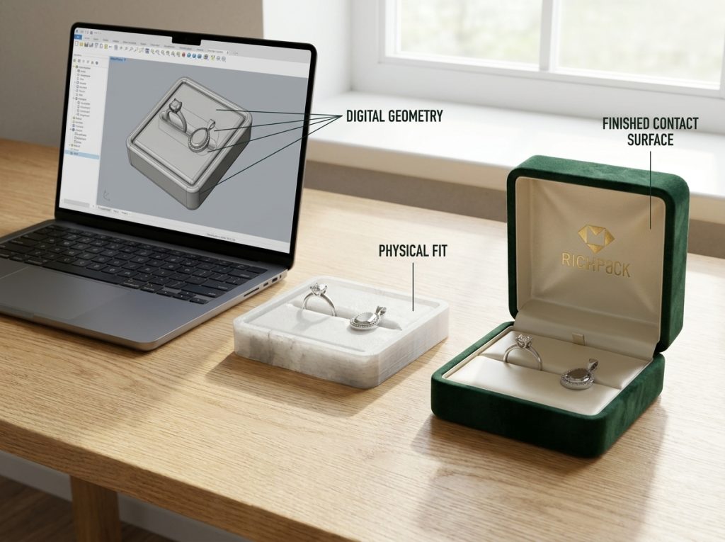 CAD model, 3D printed insert, and finished jewelry box show the path from digital geometry to validated packaging.