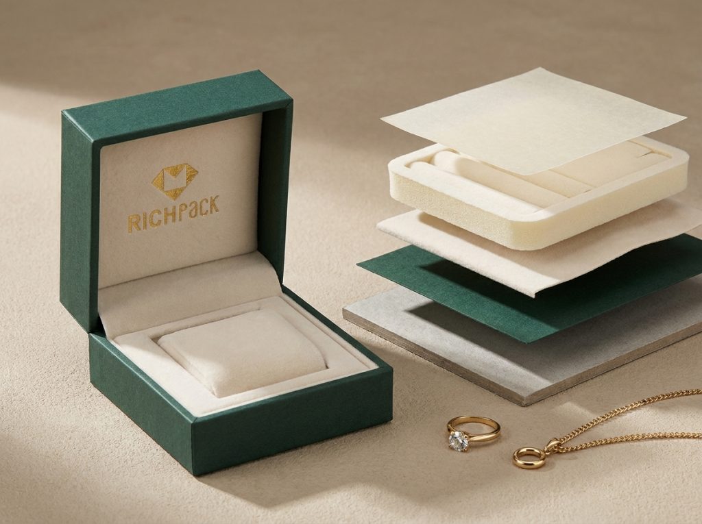 Jewelry box material stack connects rigid board, wrap, lining, and insert to customer touch and product protection.