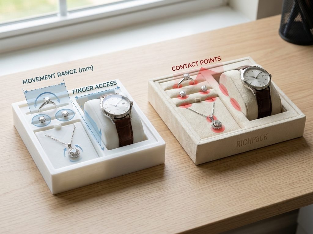 Jewelry insert geometry controls movement, removal, and contact across rings, earrings, necklaces, and watches.