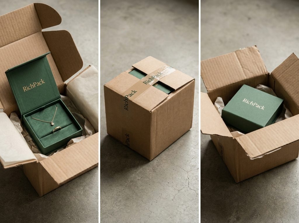Packed jewelry order test checks movement, lid clearance, carton void, and seal after parcel handling.