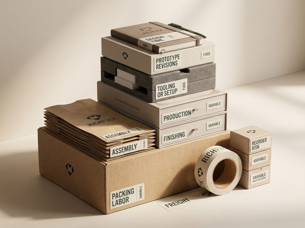 Packaging cost drivers separate fixed, variable, and route-dependent costs to show total delivered cost.
