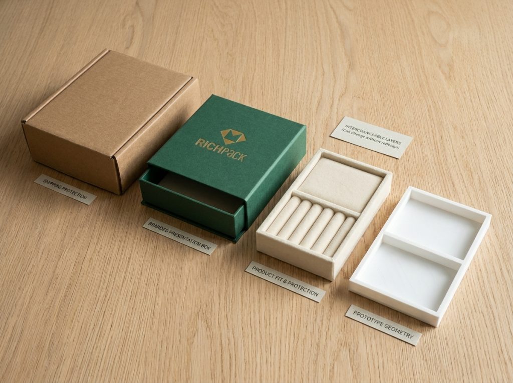 Hybrid jewelry packaging assigns geometry, contact, presentation, and transit protection to separate layers.