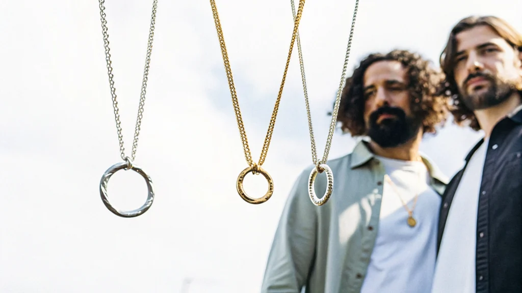 men wearing ring necklace