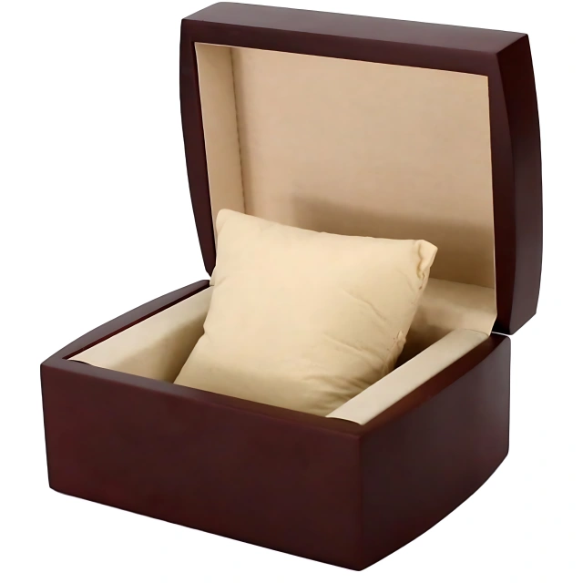 Elegant dark brown wooden jewelry box with plush interior and a cushioned pillow