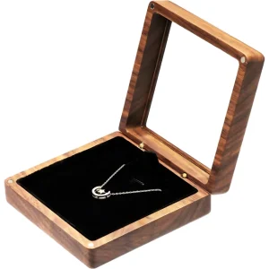 جعبه جواهرات چوبی نفیس با روکش طبیعی، دارای فضای داخلی مخملی مشکی و درب آینه، مناسب برای نمایش گردنبند