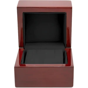 Sleek glossy finished red wooden jewelry box with a plush black interior