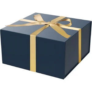 A dark blue gift box elegantly adorned with a golden satin ribbon tied into a bow on top.