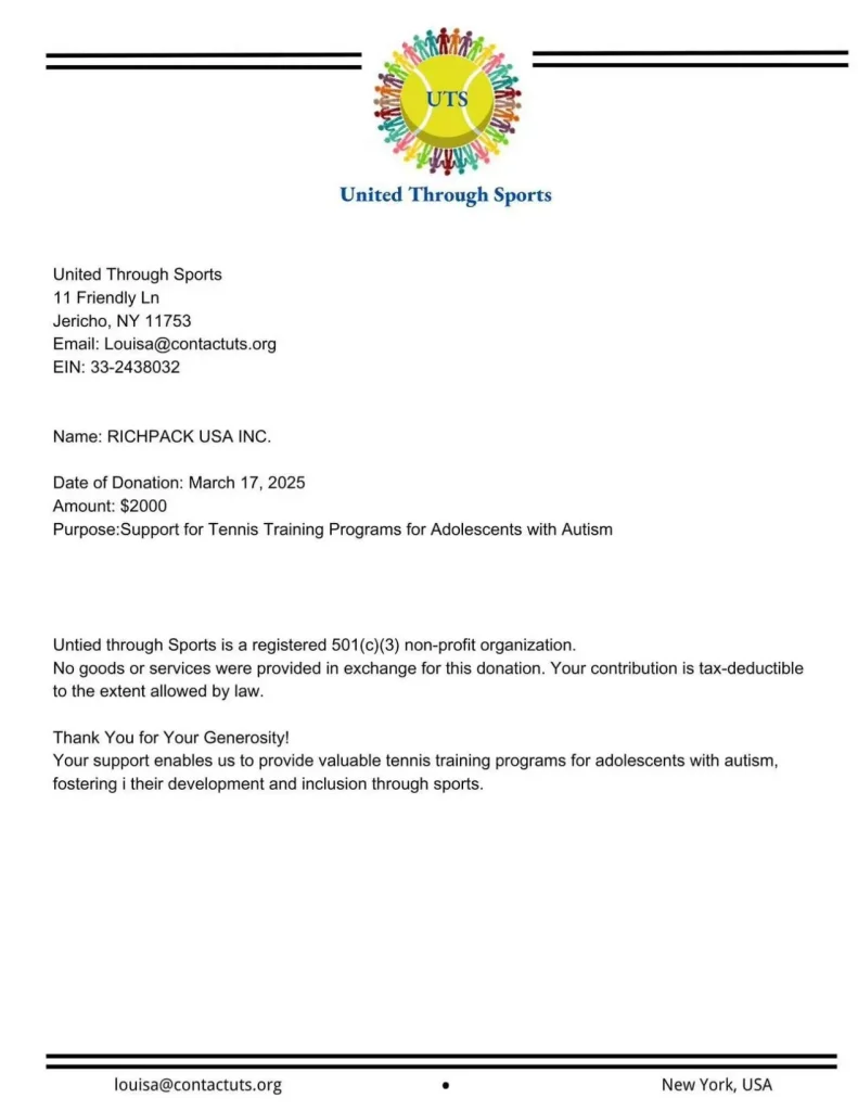 Richpack's Donation Boost for Autism Tennis Program - Richpack for United Through Sports donation certification