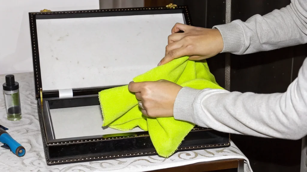 a photo showing a person using a soft cloth to wip
