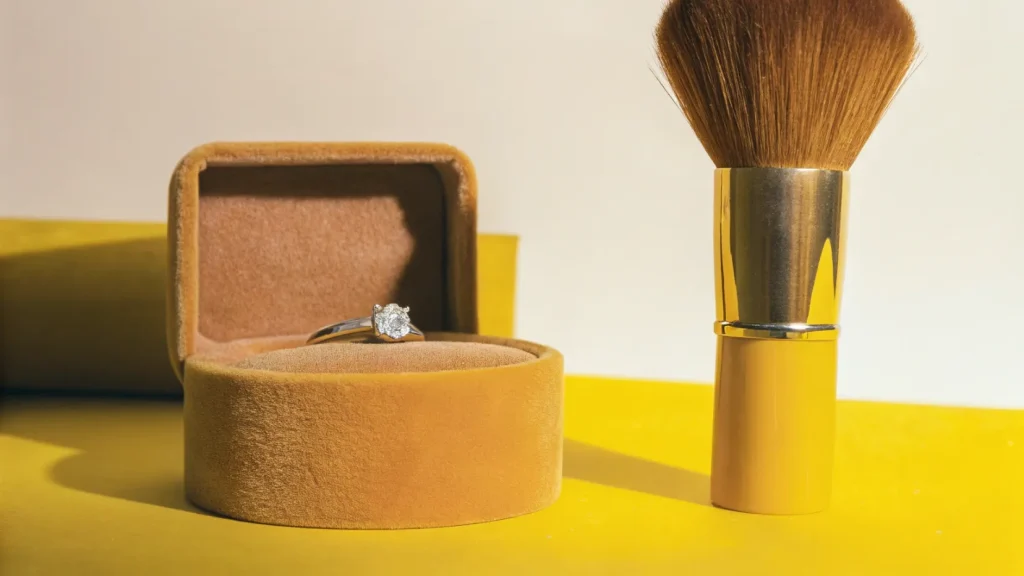 a velvet samll ring box placed in a well ventilate