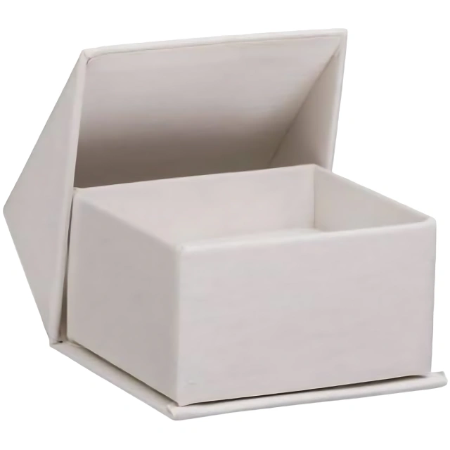 An open, light-colored box with a lid that is propped open, revealing an empty interior.
