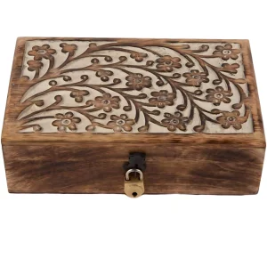 A wooden box with intricate floral carvings on the lid, secured with a small brass padlock.