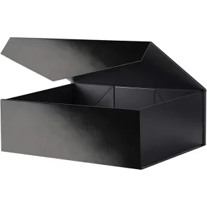 A sleek black gift box with a lid that is partially open, revealing its empty interior. The box has a modern, minimalist design suitable for presenting various items.