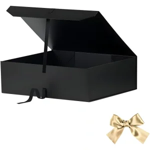 A black gift box adorned with a black satin bow-tie, accompanied by a golden satin bow-tie shown below.