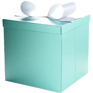 A teal-colored gift box topped with a white bow.