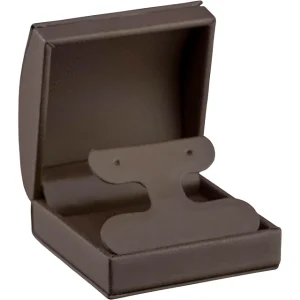 An open, dark brown leather-textured jewelry box with a built-in stand for holding items, likely for rings or small accessories.