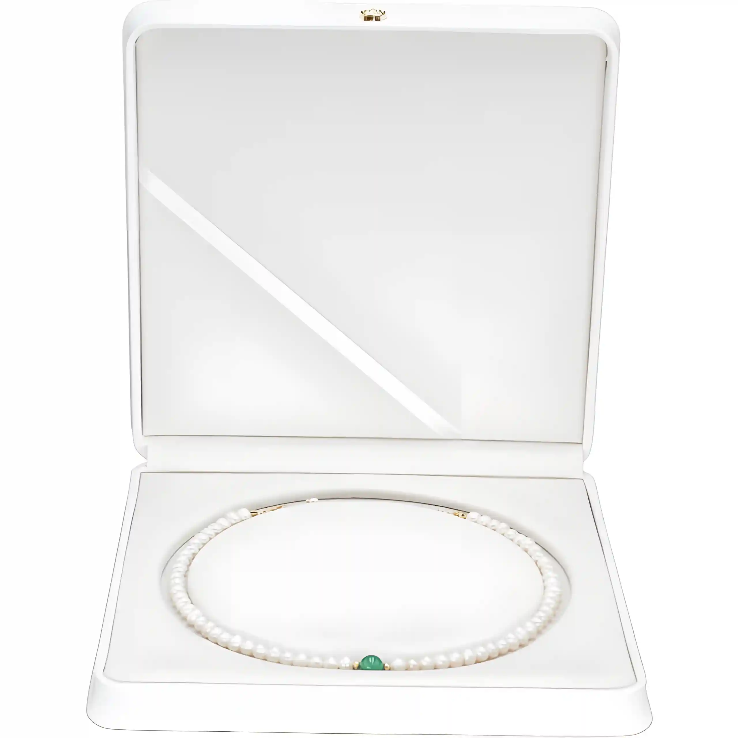 A strand of elegant white pearl necklace with a green gemstone accent, nestled in a white jewelry box.