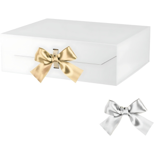 A white gift box embellished with a golden satin bow - tie, accompanied by a silver satin bow-tie displayed below.