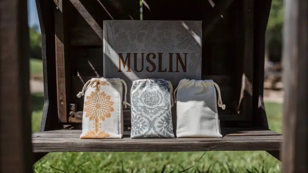 muslin bags screen printed with brand motifs