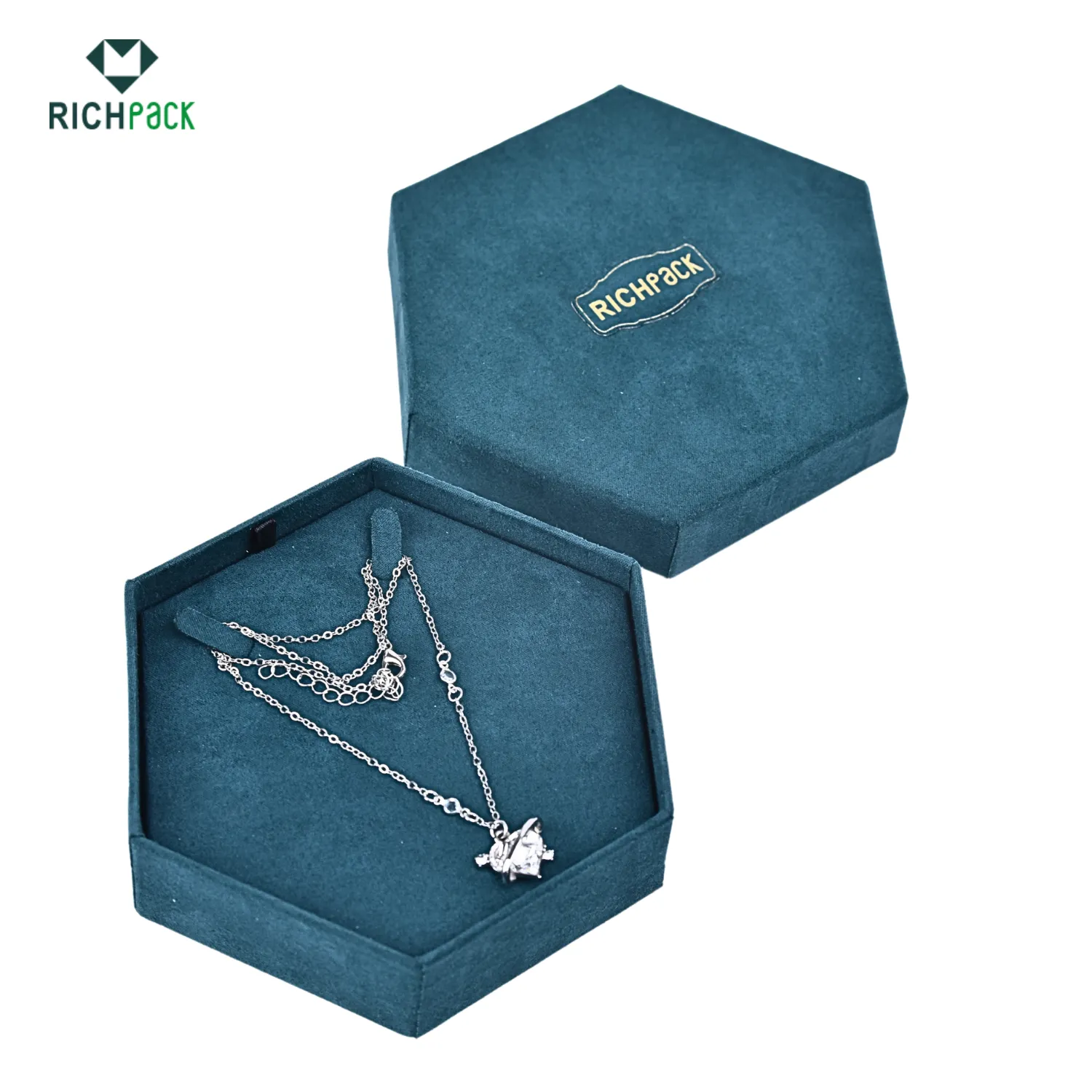 pentagonal green faux velvet jewelry box 002