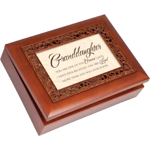A wooden keepsake box with a decorative frame, featuring a vintage-style panel that reads "DAUGHTER" and a heartfelt message about expressing love, adorned with a pink and white flower embellishment.