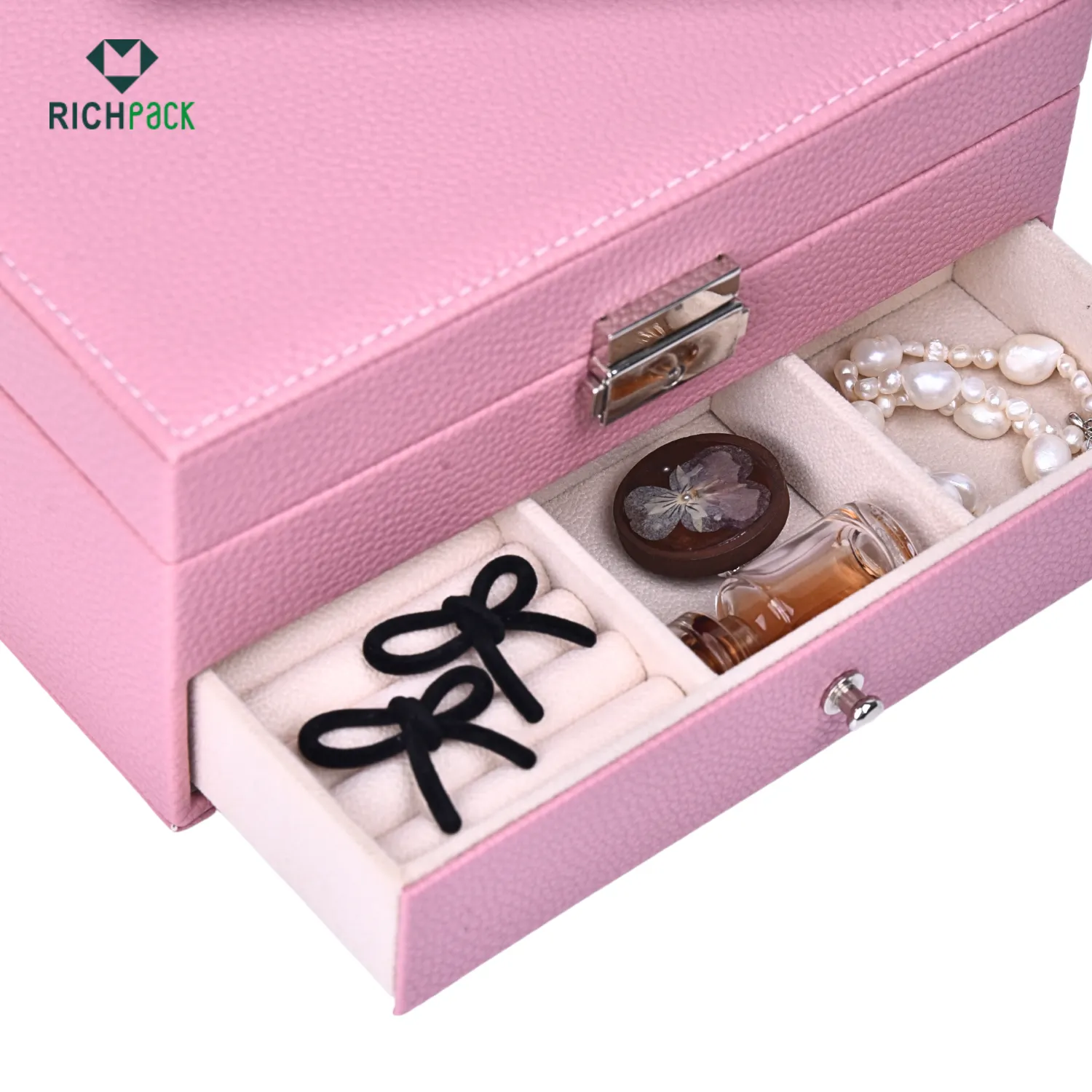 pink leather jewelry box silver 005