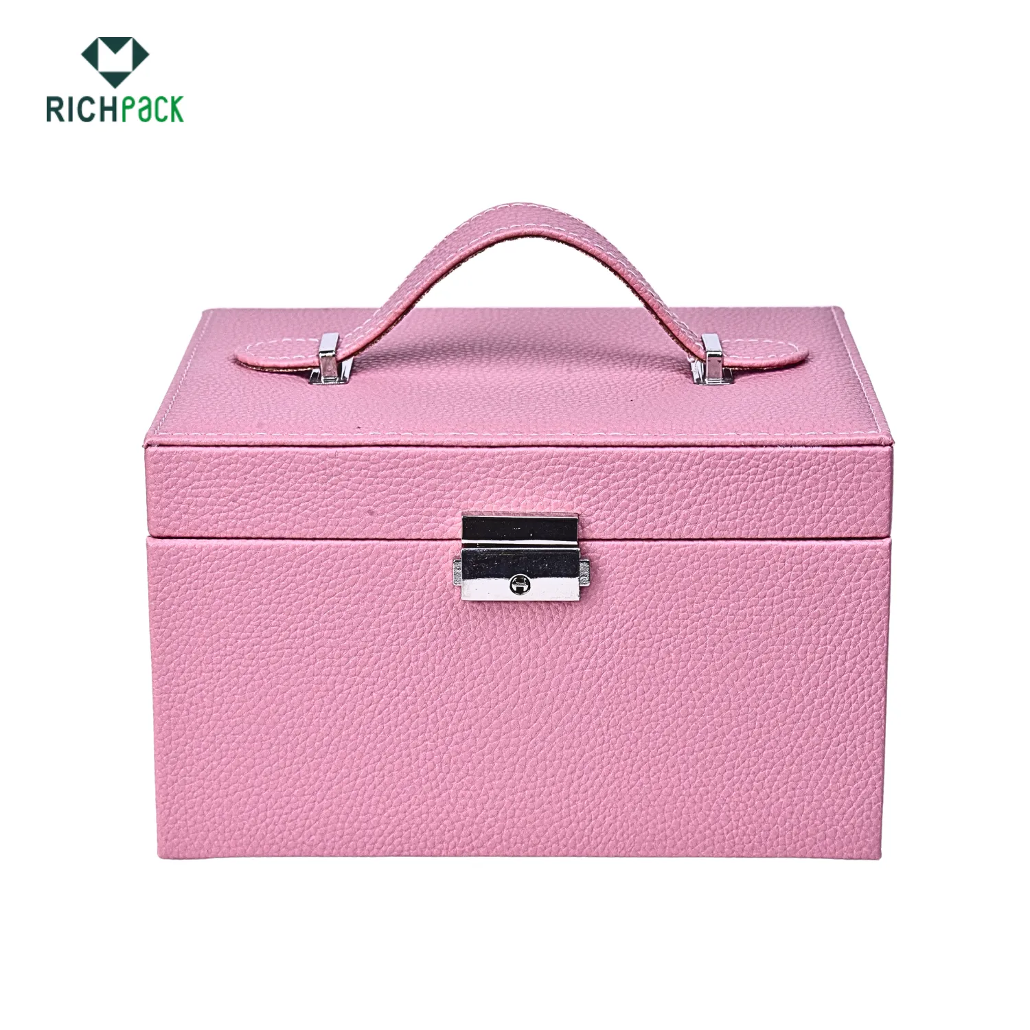 pink leather jewelry box with handle 001