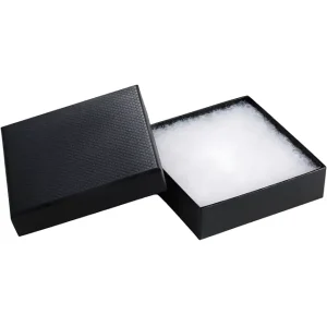 An open black jewelry box with a textured exterior, lined with white fluffy cushioning material.
