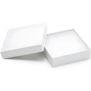 یک جعبه مستطیل شکل سفید باز با درب ساده، نمای داخلی خط‌دار را نشان می‌دهد.