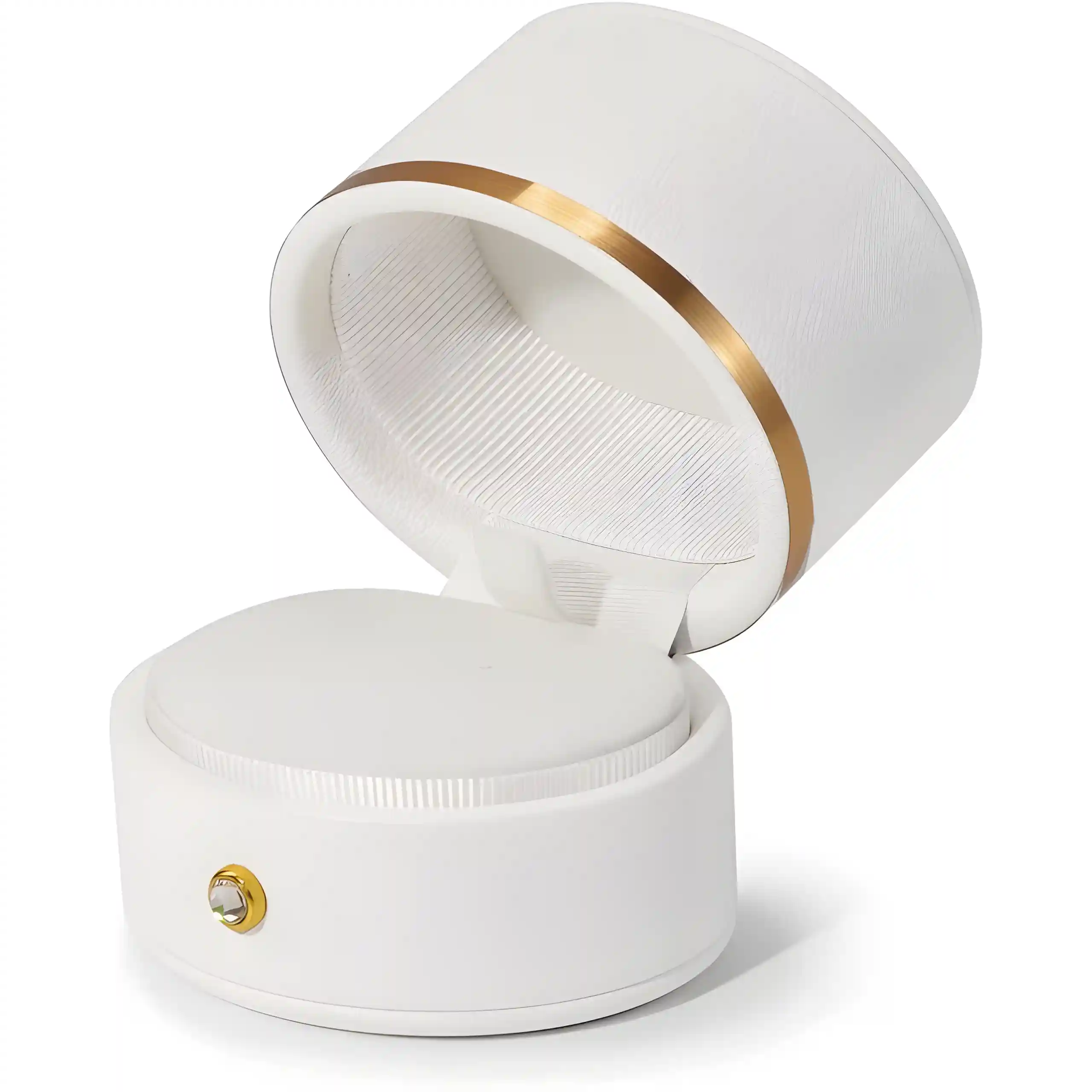 A strand of elegant white pearl necklace with a green gemstone accent, nestled in a white jewelry box.
