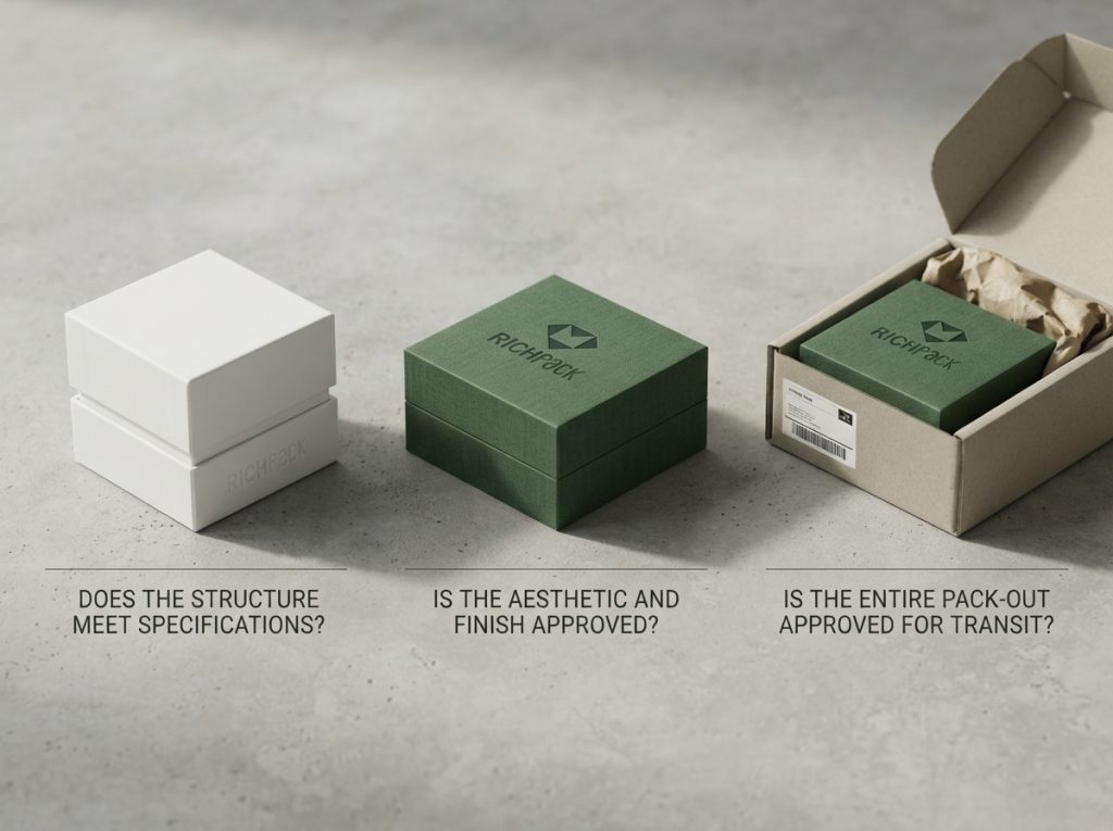 Ring box sample approval workflow from structural white sample to finished sample and packed route sample