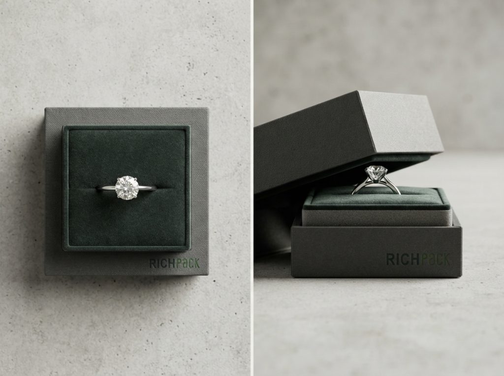 Ring box top and side views showing centered ring, highest stone, insert, lining, and lid clearance