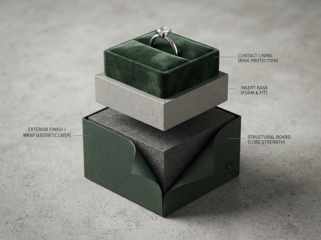 Ring box material layer diagram showing finish, wrap, structural board, insert, lining, and ring contact