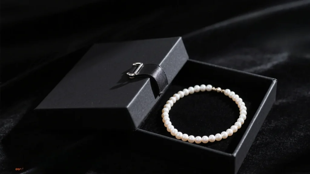 black jewelry box with pearl bracelet