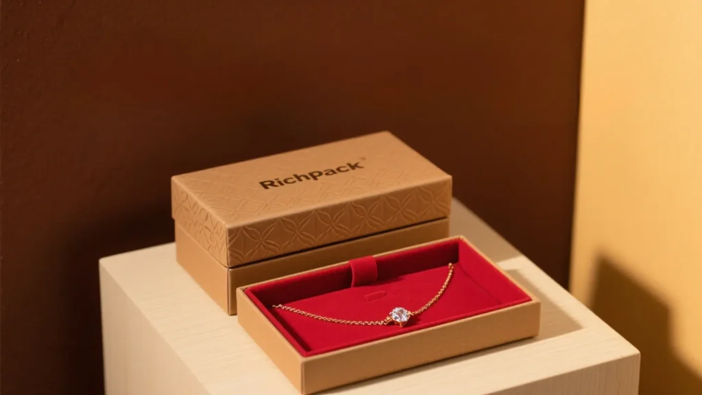 brown jewelry box with red interior and necklace