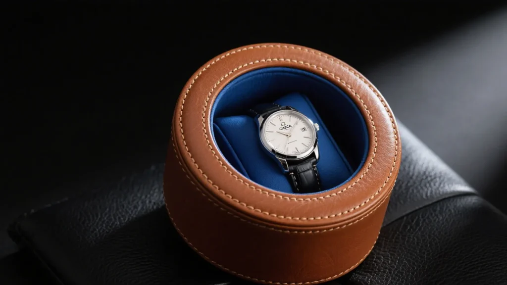 brown leather watch box with blue interior