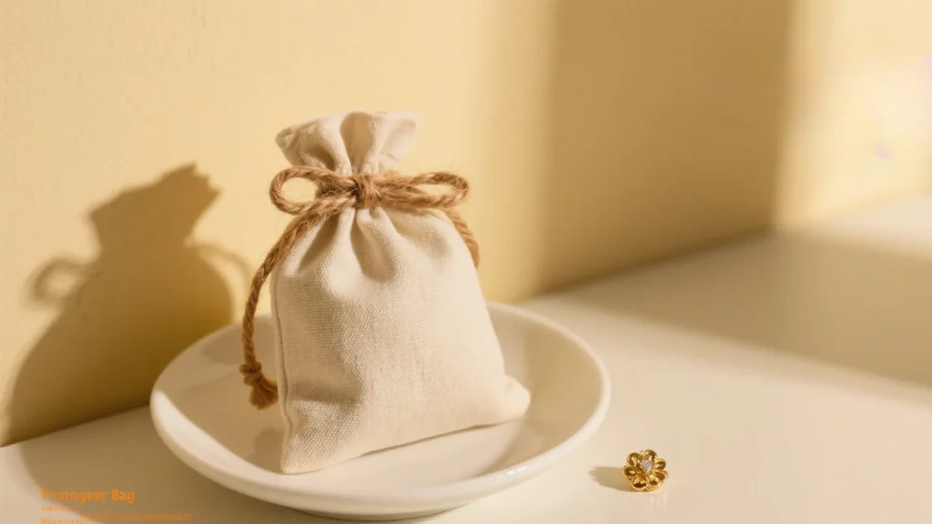 drawstring jewelry pouch on ceramic plate
