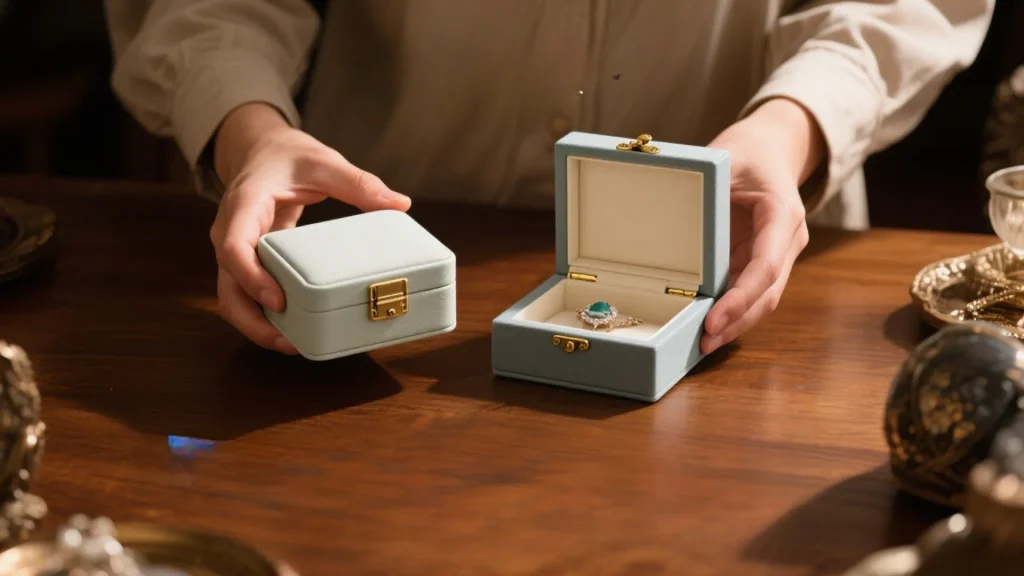 hands opening mini jewelry boxes