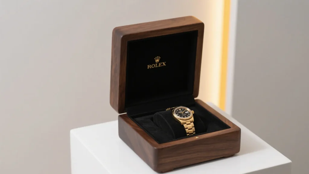 luxury watch box with gold accent and timepiece