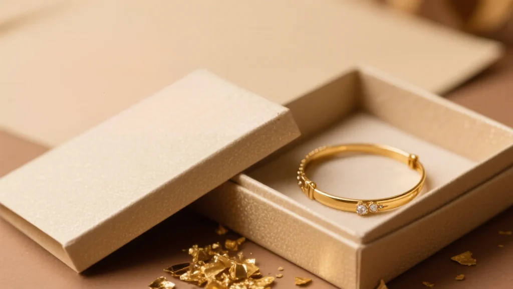 open jewelry box with gold bracelet and scattered beads