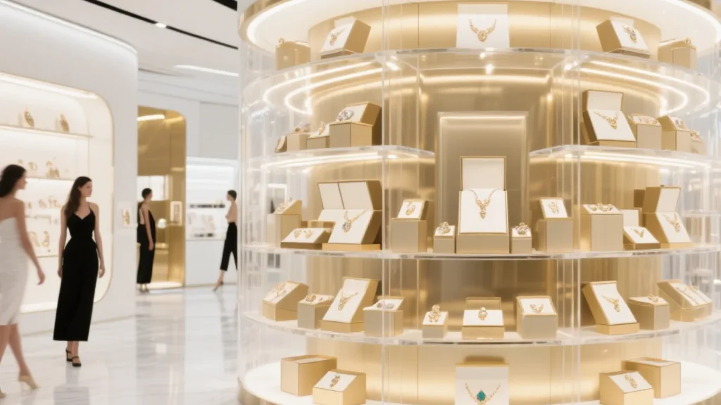 ornate jewelry display, golden structural design, set in luxury showroom background